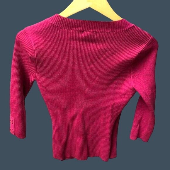 NEW YORK & CO.- WOMEN PULLOVER V-NECK BELTED KNIT SWEATER TOP-MAGENTA SIZE SMALL - Picture 2 of 7